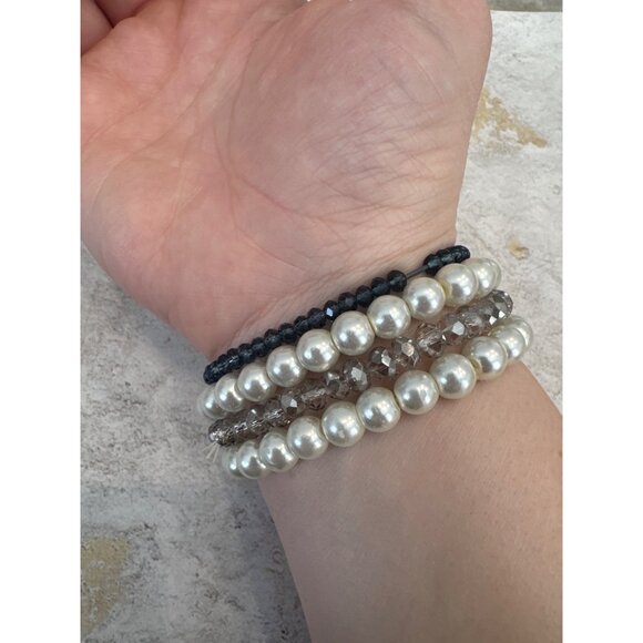 4 Stacking Bracelets Pearl Bead Neutral Glam Party Preppy Boho - Picture 5 of 5